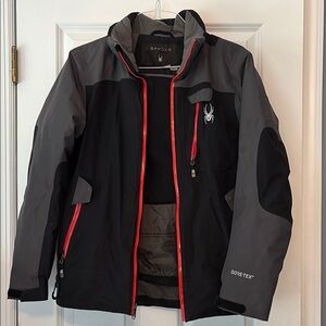 Spyder Men's Black and Gray Ski Jacket with Red Accents